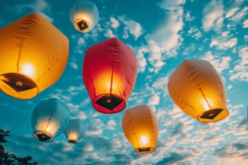 Aufkleber - Colorful lanterns float against a twilight sky during an outdoor celebration in a picturesque setting