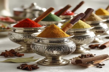 Poster - Explore the vibrant world of spices displayed in traditional silver containers at a market during the day
