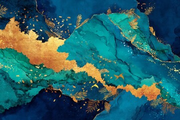Aufkleber - Colorful abstract art featuring turquoise, gold, and deep blue with organic shapes and textures flowing together elegantly