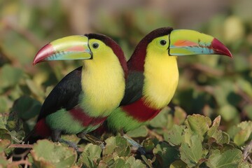 Aufkleber - Colorful toucans perched side by side among lush greenery in a tropical setting