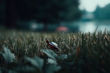 Poster - Small turtle emerges from grass near lake on a calm morning, showcasing nature's beauty and wildlife