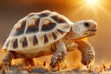 Poster - Tortoise moving through golden grass at sunset, showcasing intricate shell patterns and serene environment