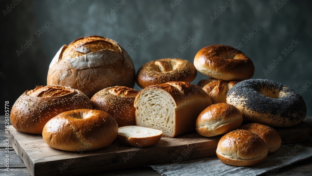 Variety of bakery items such as bread loaves and rolls Stock Photo ...