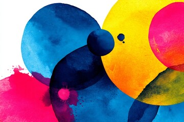 Aufkleber - Colorful abstract watercolor circles blending shades of blue, pink, yellow, and orange on a white background