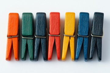 Aufkleber - Colorful wooden clothespins arranged in a row on a white surface for crafts and home decoration