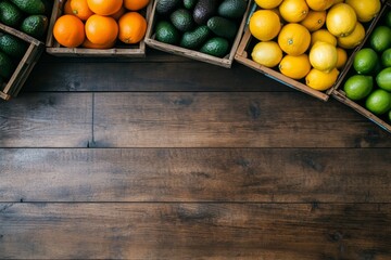 Aufkleber - Bright oranges, lemons, and limes fill wooden crates, while dark green avocados contrast nicely on a rustic wooden floor, creating a vibrant and fresh arrangement