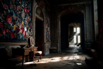 Aufkleber - Beautifully decayed historic room with floral wallpaper and sunlight streaming through windows in an abandoned building