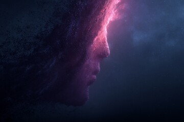 Aufkleber - Cosmic portrait of a woman's profile merging with the universe showcases vibrant colors and space elements