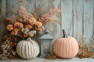 Poster - Autumn decor display with pumpkins, lantern, and dried flowers on rustic wooden background