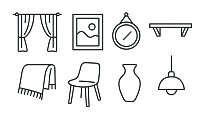 Poster - Elegant home decor: linear icon set featuring curtains, picture, clock, shelf, rug, chair, vase, lamp