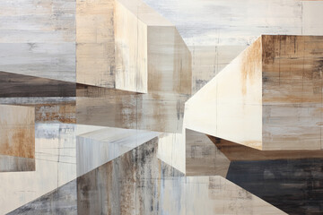 Aufkleber - Abstract artwork featuring beige, brown, and grey geometric shapes, creating a sense of depth and architectural structure, showcasing a modern and minimalist design, ideal for interior decor