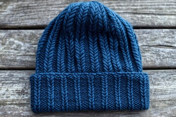 Poster - Cozy blue knitted beanie on wooden surface evokes warmth and comfort in chilly environments