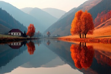 Poster - autumn foliage reflecting on a tranquil lake surrounded by mountains in a serene rural landscape