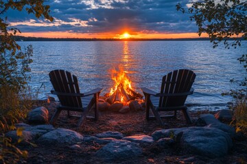 Aufkleber - Campfire setting by the lake at sunset inspires relaxation and connection with nature