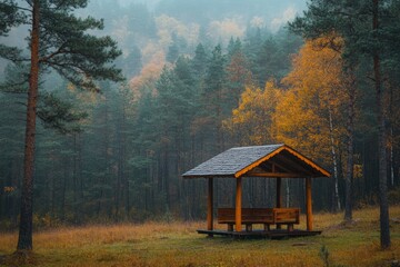 Poster - Rustic shelter in a tranquil forest during autumn with vibrant foliage