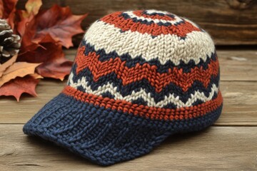 Poster - Handcrafted knitted cap with geometric patterns in red, white, and blue displayed on a rustic wooden surface with autumn leaves