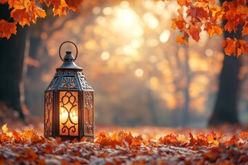 Poster - Lantern glowing amidst beautiful autumn leaves in a tranquil forest setting during golden hour