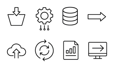 Poster - Data management linear icons set: cloud, update, workflow, database, arrow