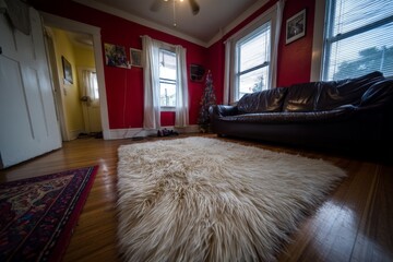 Poster - Cozy living room with red walls and stylish decor during late afternoon light