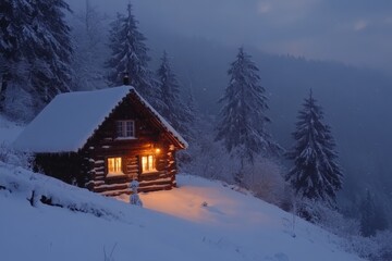 Poster - Snowy mountain cabin glowing warmly in winter evening twilight