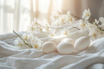Poster - White eggs nestled among delicate flowers on soft fabric in a serene morning light setting