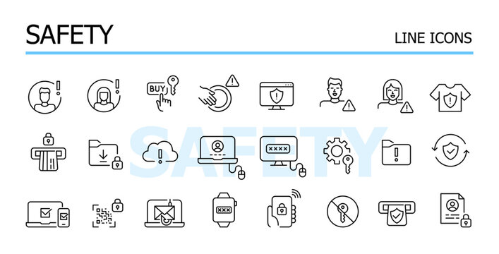 Safety issues, warning signs and alerts. Security of data and transactions. Vector icons set