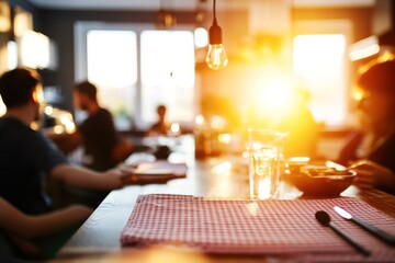Aufkleber - Morning sunlight streams through the window, illuminating a wooden dining table dressed in a pink gingham tablecloth, ready for a cheerful breakfast gathering