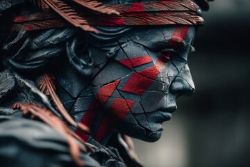 Poster - Intricate close-up of a detailed statue's face with artistic facial markings situated in a public space during overcast weather