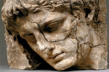 Poster - Ancient sculpture fragment of a male head showcasing intricate details and cracks from age displayed in a museum setting