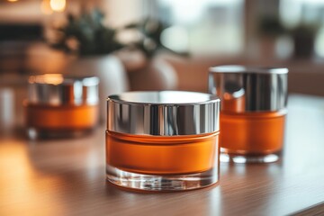 Poster - Luxury skincare jars in modern interior setting with natural light illuminating warm colors