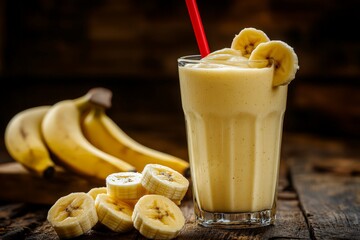 Poster - Creamy banana smoothie served in a tall glass with banana slices on rustic wooden table