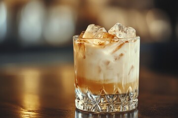 Poster - Refreshing cocktail served on a wooden bar with ice and cream at a vibrant evening gathering