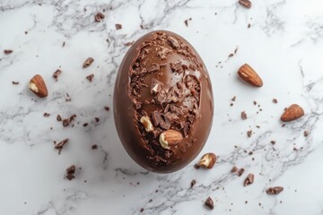 Poster - Delicious chocolate egg surrounded by chocolate shavings and almonds on a marble surface for festive celebrations