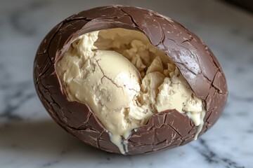 Aufkleber - Chocolate egg filled with creamy ice cream displayed on a marble surface for dessert enjoyment