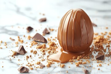 Poster - Delicious chocolate egg melting on a marble surface with chocolate fragments and crumbs scattered around