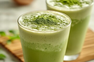 Poster - Refreshing green matcha drinks served in tall glasses with frothy tops and sprinkled powder on a wooden mat