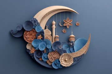 Poster - Creative paper art featuring a crescent moon with mosque silhouettes, floral elements, and swirling designs against a blue background