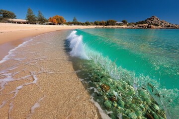 Aufkleber - Waves gently rolling onto a sandy beach with clear turquoise water under a bright sky in a serene coastal location