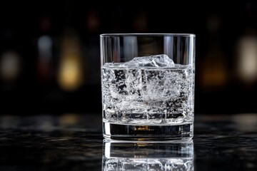Poster - Refreshing sparkling water served in a clear glass with ice on a dark bar counter at night