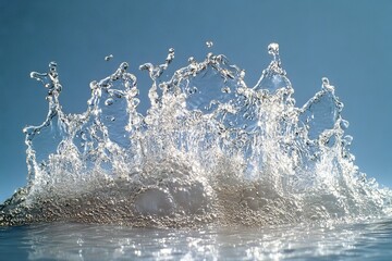 Poster - Dynamic water splash captured in bright sunlight against a clear blue sky showcasing fluid motion and vibrant transparency
