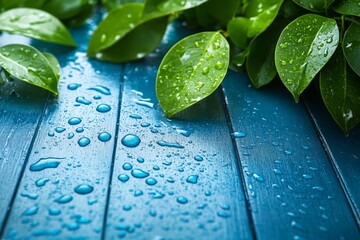 Poster - Rain drops glistening on green leaves resting on a blue wooden surface after a refreshing shower in a serene natural setting