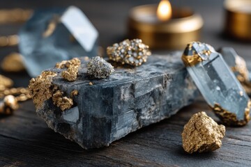 Aufkleber - Beautiful collection of shimmering minerals on a wooden surface near a candle