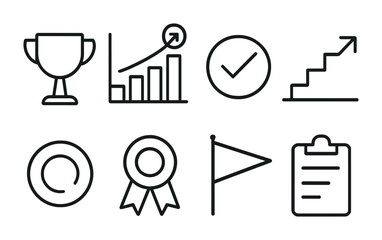 Poster - Achievement and success icons set: linear style with trophies, graphs, and more