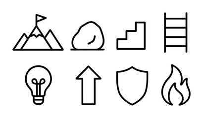 Poster - Achievement journey icons set: goal, growth, success symbols in linear style
