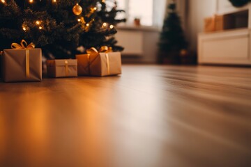 Aufkleber - A warm and inviting living room showcases a Christmas tree adorned with twinkling lights, surrounded by neatly wrapped gifts waiting for festive moments