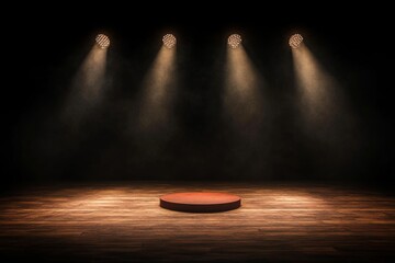 Aufkleber - An empty theater stage comes to life with striking spotlights illuminating a red circular podium set against a dark backdrop, inviting future performances