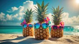 Fashionable pineapples sporting sunglasses on sandy beach with sea view, ideal for tropical holiday theme
