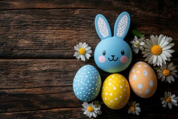 Poster - Creative Easter decoration with colorful eggs and a cute bunny figurine near flowers on a rustic wooden surface