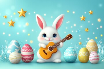 Aufkleber - Cute bunny playing guitar surrounded by colorful Easter eggs in a whimsical setting