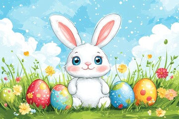 Poster - Cute bunny surrounded by colorful Easter eggs in a vibrant spring meadow